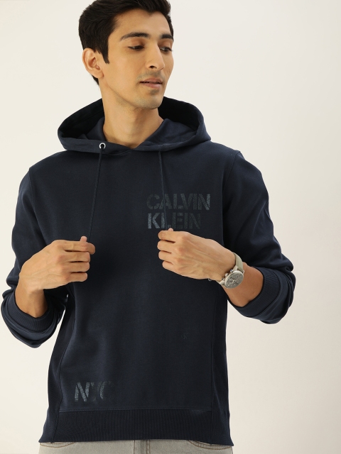 

Calvin Klein Jeans Men Navy Blue Printed Hooded Sweatshirt