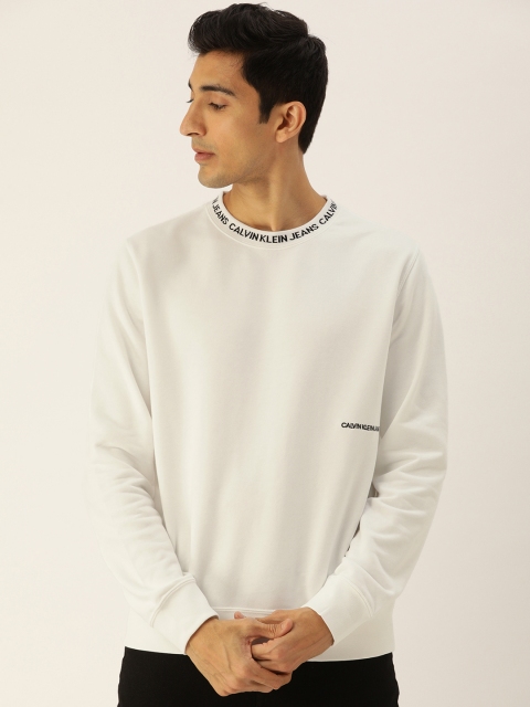 

Calvin Klein Jeans Men White Solid Sweatshirt With Printed Detailed Neckline