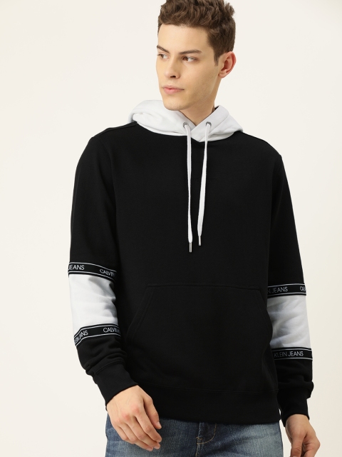 

Calvin Klein Jeans Men Black Solid Hooded Pullover Sweatshirt with Printed Sleeves