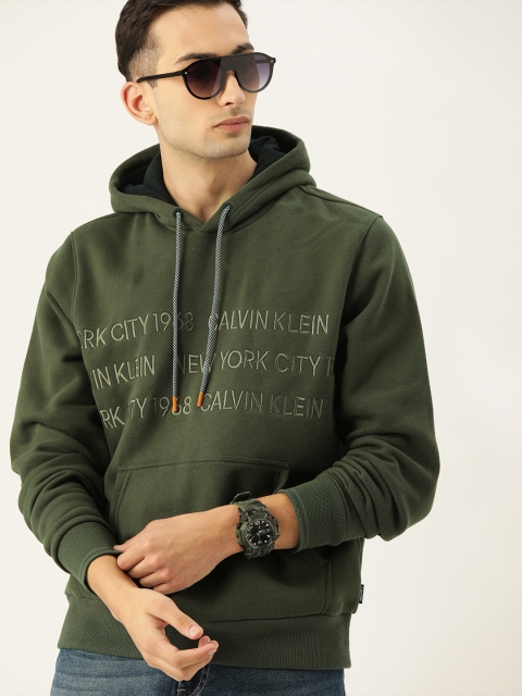 

Calvin Klein Jeans Men Olive Green Embroidered Hooded Sweatshirt