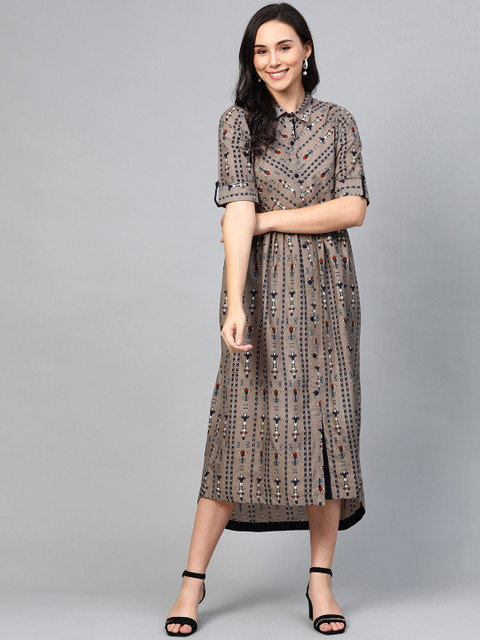 

AASI - HOUSE OF NAYO Women Charcoal Grey & Navy Blue Printed High-Low Maxi Dress