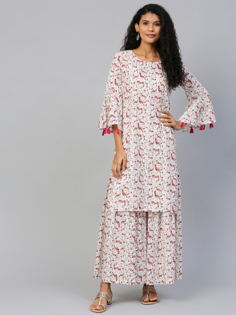 

AASI - HOUSE OF NAYO Women White & Pink Floral Print Kurta with Sharara