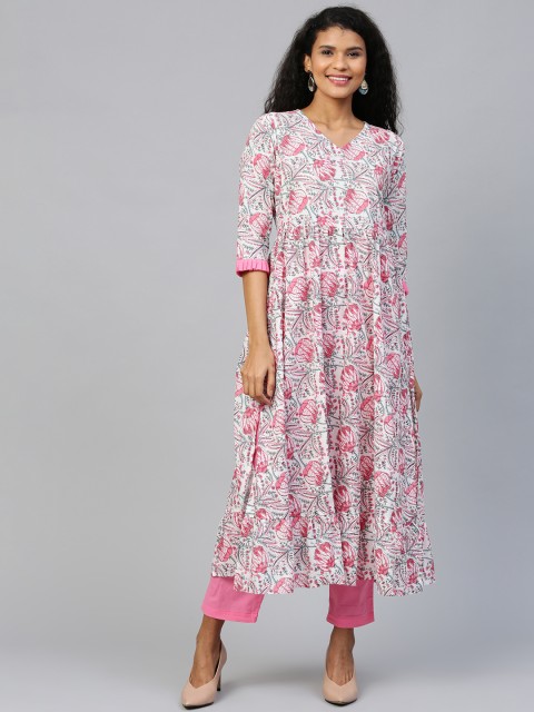 

AASI - HOUSE OF NAYO Women White & Pink Printed Kurta with Trousers