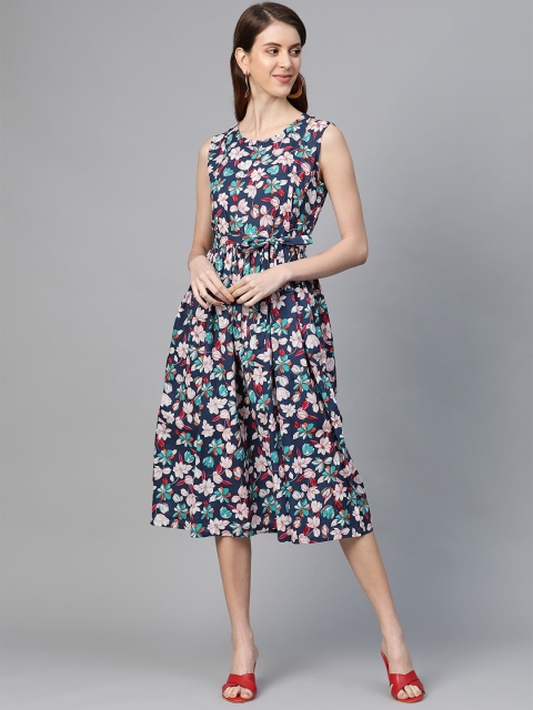 

AASI - HOUSE OF NAYO Women Navy Blue & Off-White Floral Print A-Line Dress