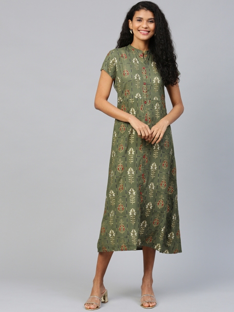 

AASI - HOUSE OF NAYO Women Olive Green & Golden Printed Midi Dress