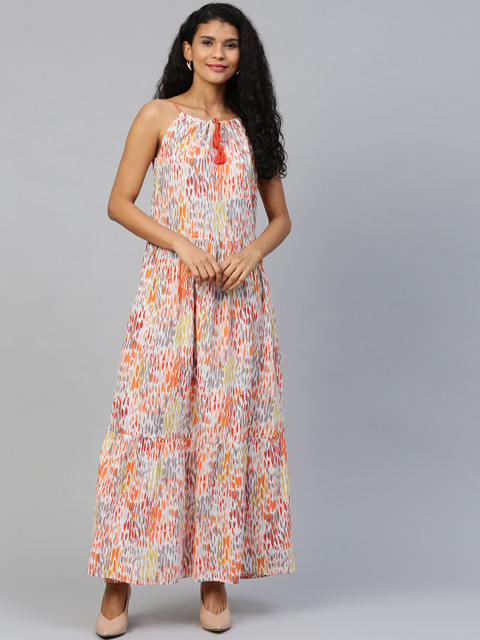 

AASI - HOUSE OF NAYO Women Off-White & Orange Printed Maxi Dress