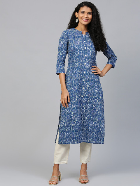 

AASI - HOUSE OF NAYO Women Navy Blue & Off-White Printed Straight Kurta