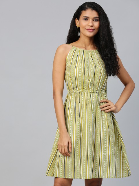 

AASI - HOUSE OF NAYO Women Green & Off-White Striped A-Line Dress