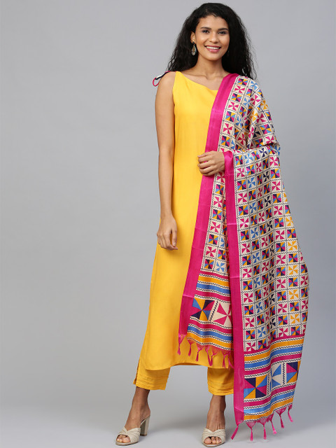 

AASI - HOUSE OF NAYO Women Yellow & Beige Solid Kurta with Trousers & Dupatta