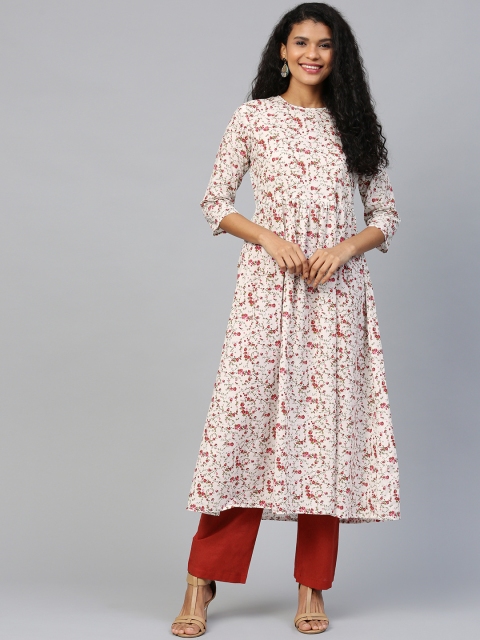 

AASI - HOUSE OF NAYO Women White & Red Floral Print Kurta with Trousers