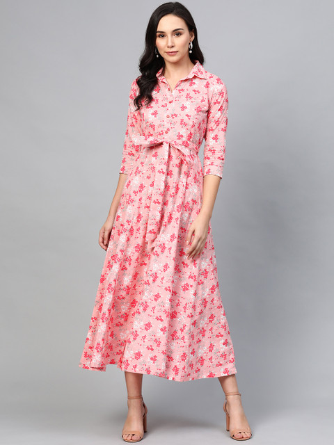 

AASI - HOUSE OF NAYO Women Coral Pink & White Floral Printed Maxi Dress