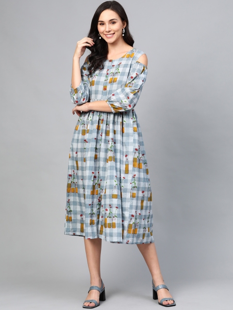 

AASI - HOUSE OF NAYO Women Blue & Mustard Yellow Checked Cold Shoulder A-Line Dress