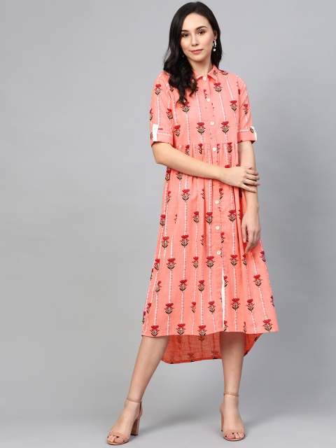 

AASI - HOUSE OF NAYO Women Coral Orange Printed Shirt Dress
