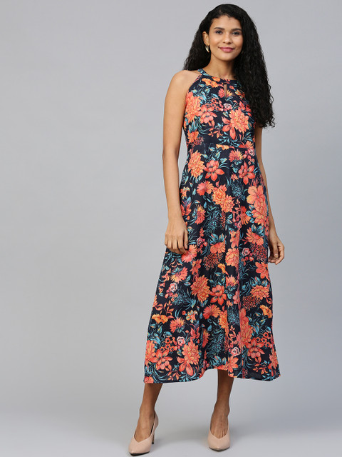 

AASI - HOUSE OF NAYO Women Navy Blue & Orange Floral Printed Maxi Dress