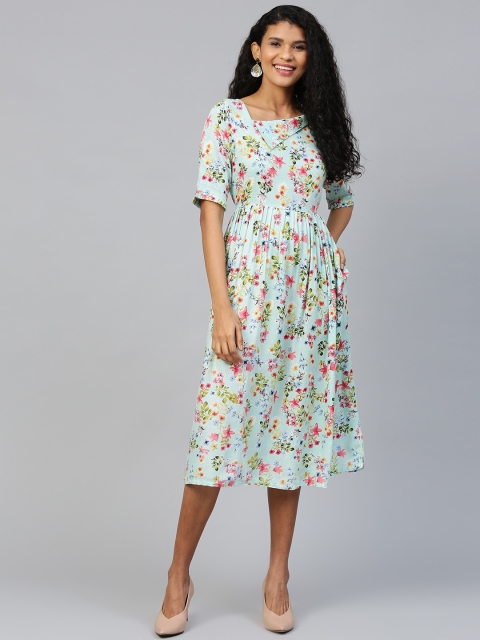 

AASI - HOUSE OF NAYO Women Blue & Pink Floral Printed A-Line Dress