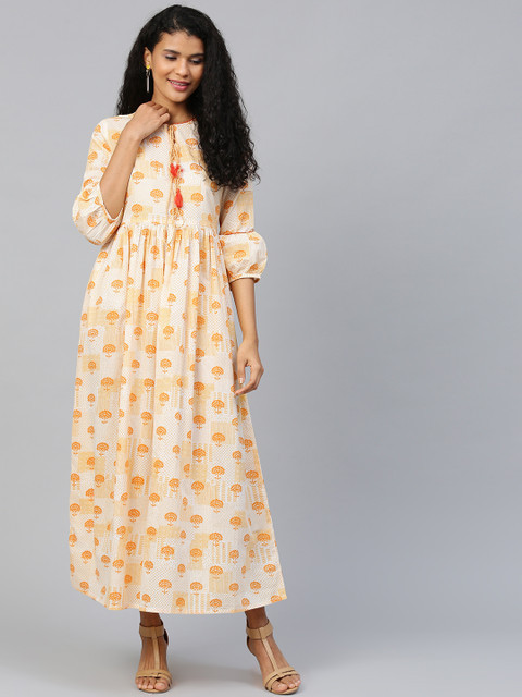 

AASI - HOUSE OF NAYO Women Off-White & Yellow Printed Maxi Dress