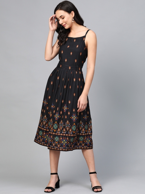 

AASI - HOUSE OF NAYO Women Black & Rust Orange Printed A-Line Dress