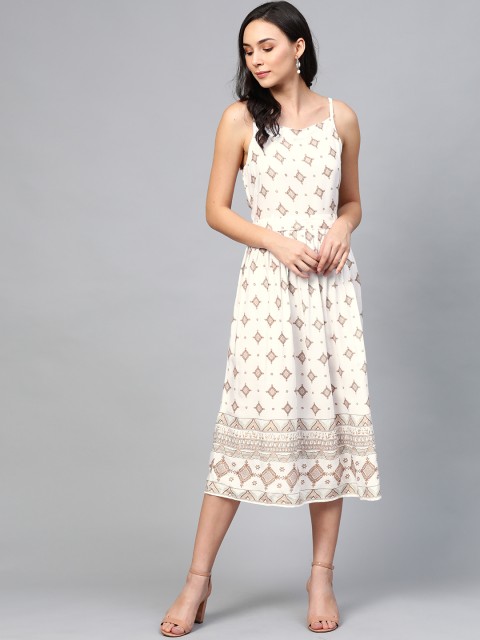 

AASI - HOUSE OF NAYO Women White & Golden Printed A-Line Dress