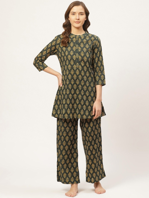 

Prakrti Women Green & Mustard Yellow All-Over Boota Printed Cotton Night Suit Set
