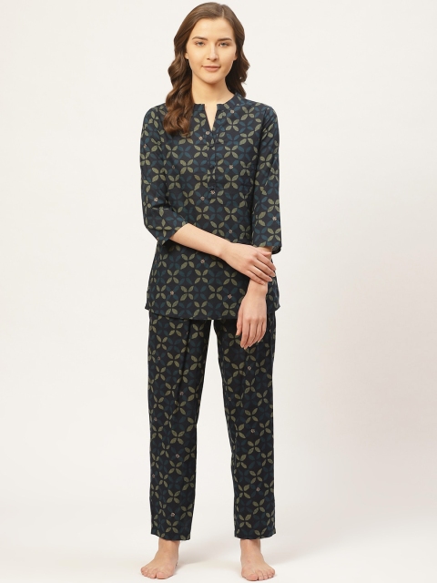 

Prakrti Women Navy Blue & Beige All-Over Printed Cotton Night suit set