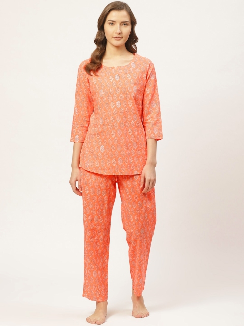 

Prakrti Women Orange & Off-White Ethnic Printed Sustainable Night Suit