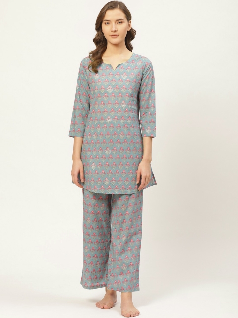 

Prakrti Women Charcoal Grey & Pink All-Over Floral Printed Cotton Sustainable Night Suit Set