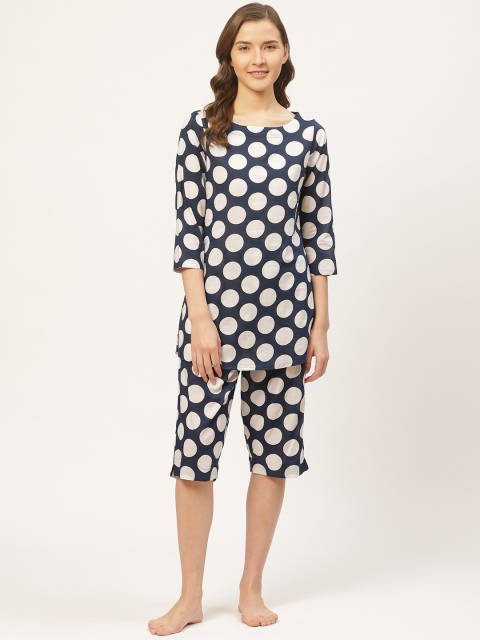 

Prakrti Women Navy Blue & White Polka Dots Printed Night suit