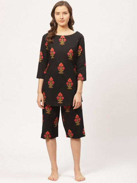 

Prakrti Women Black & Red Ethnic Printed Night suit