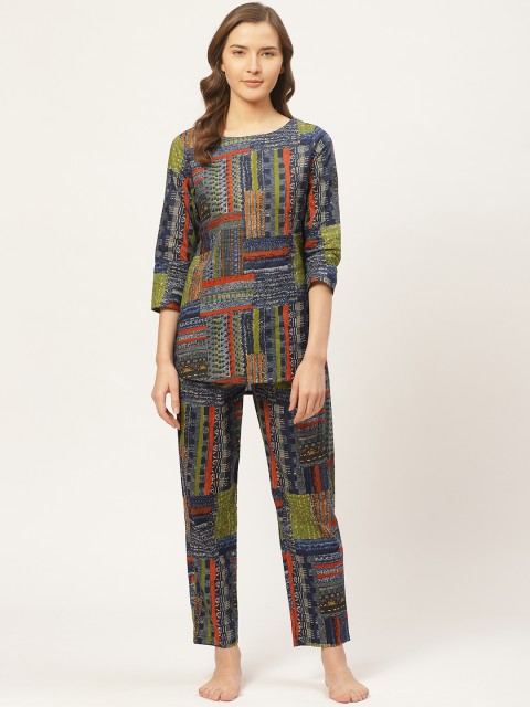 

Prakrti Women Navy Blue & Green Abstract Printed Night suit