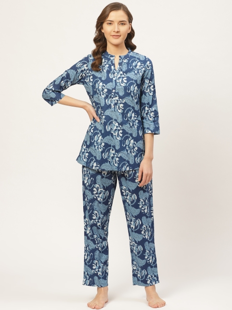 

Prakrti Women Blue & White All-Over Floral Printed Cotton Night suit set