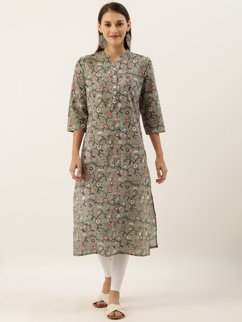 

Varanga Women Olive Green & Pink Floral Printed Straight Kurta