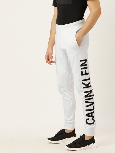 

Calvin Klein Jeans Men White Slim Fit Solid Joggers with Printed Detailing