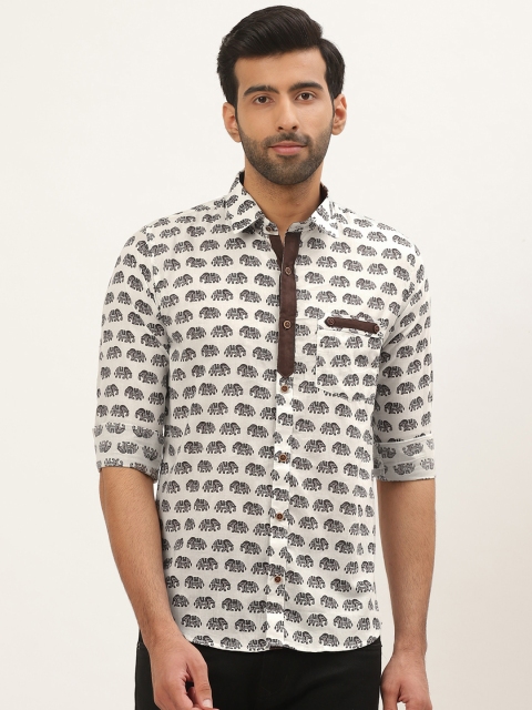 

Tistabene Men White & Brown Comfort Slim Fit Elephant Block Printed Casual Shirt