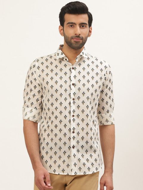 

Tistabene Men White & Navy Blue Comfort Slim Fit Floral Printed Casual Shirt