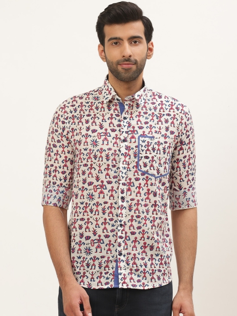 

Tistabene Men White & Red Comfort Slim Fit Tribal Block Print Casual Shirt