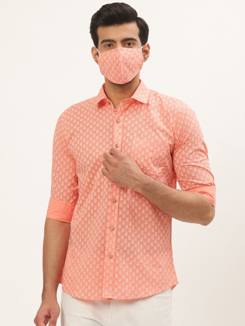 

Tistabene Men Coral Pink White Comfort Slim Fit Printed Casual Shirt