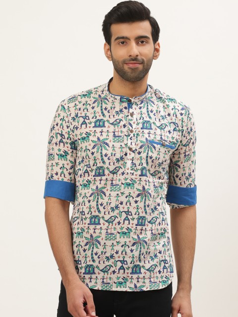 

Tistabene Men White & Blue Comfort Slim Fit Tribal Block Printed Casual Shirt