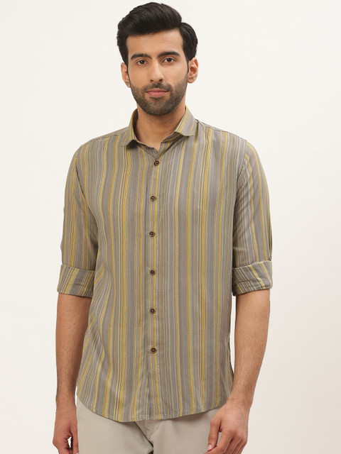 

Tistabene Men Taupe & Mustard Yellow Comfort Slim Fit Striped Casual Shirt