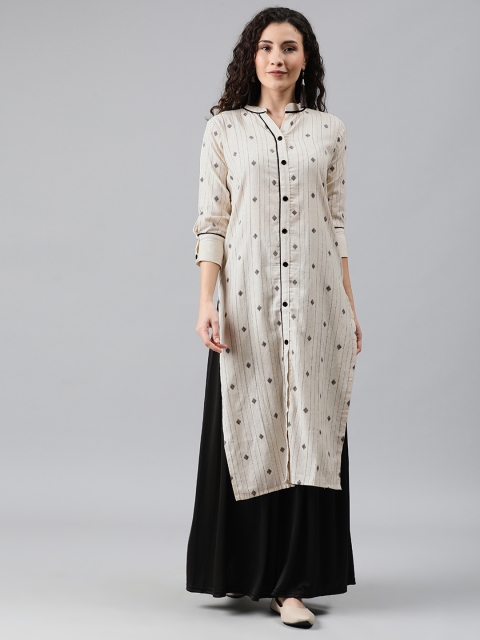 

SANISA Women Cream-Coloured & Black Striped Straight Kurta