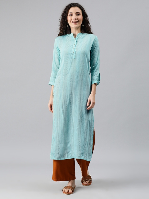 

SANISA Women Turquoise Blue & Golden Striped Straight Kurta with Thread Work