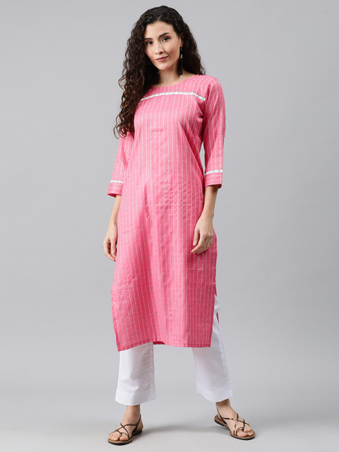 

SANISA Women Pink & White Woven Design Straight Kurta