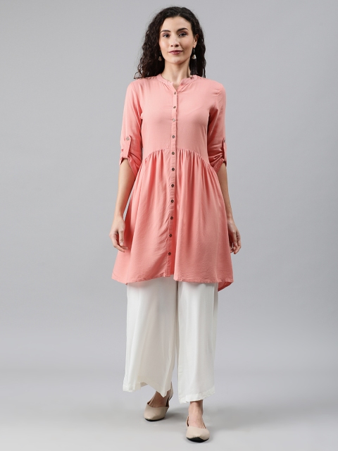 

SANISA Women Peach-Coloured Solid A-Line Kurta with Gathers