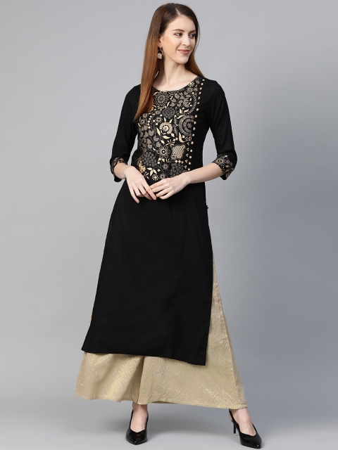 

KSUT Women Black & Golden Yoke Design Straight Kurta