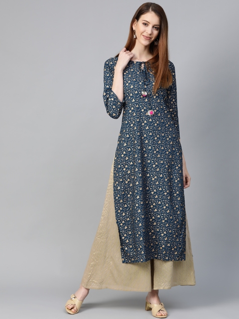 

KSUT Women Navy Blue & Golden Printed Straight Kurta