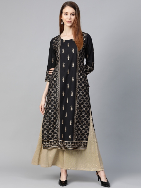 

KSUT Women Black & Golden Printed Straight Kurta