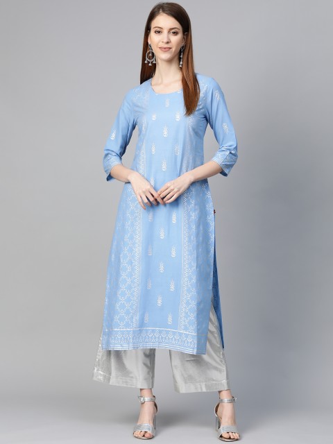 

KSUT Women Blue & Silver Printed Straight Kurta