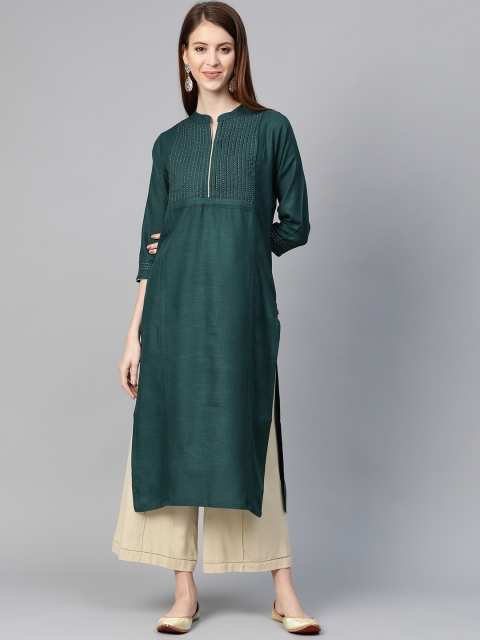 

KSUT Women Green Pleated Yoke Straight Kurta