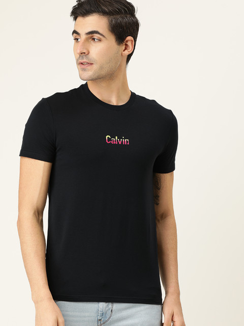 

Calvin Klein Jeans Men Black Solid Slim Fit Round Neck T-shirt with Print Detail