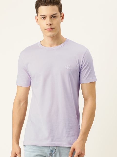 

Calvin Klein Jeans Men Lavender Solid Round Neck T-shirt With Embroidered Detailing