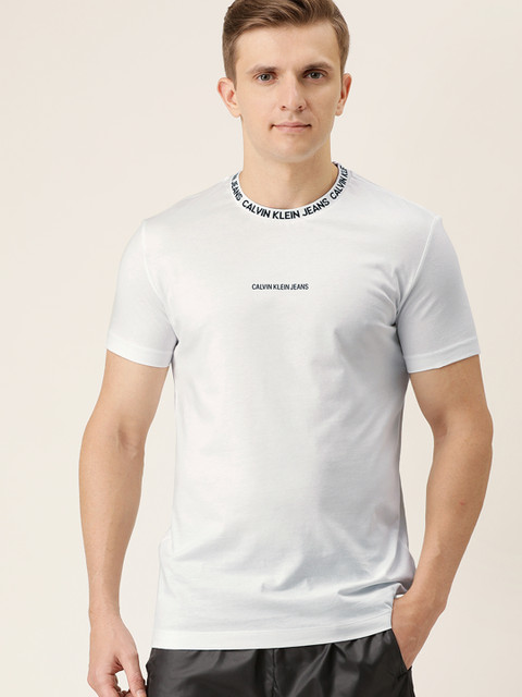 

Calvin Klein Jeans Men White Solid Round Neck T-shirt with Printed Detail
